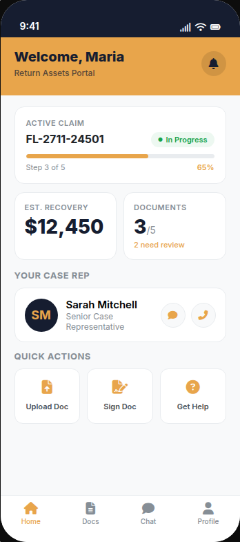 Dashboard - Track your active claim status and estimated recovery